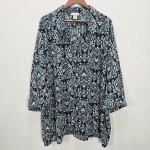 Catherines Womens Button Up Shirt Blouse Black Teal 1/2 Sleeve Roll Tab Mature